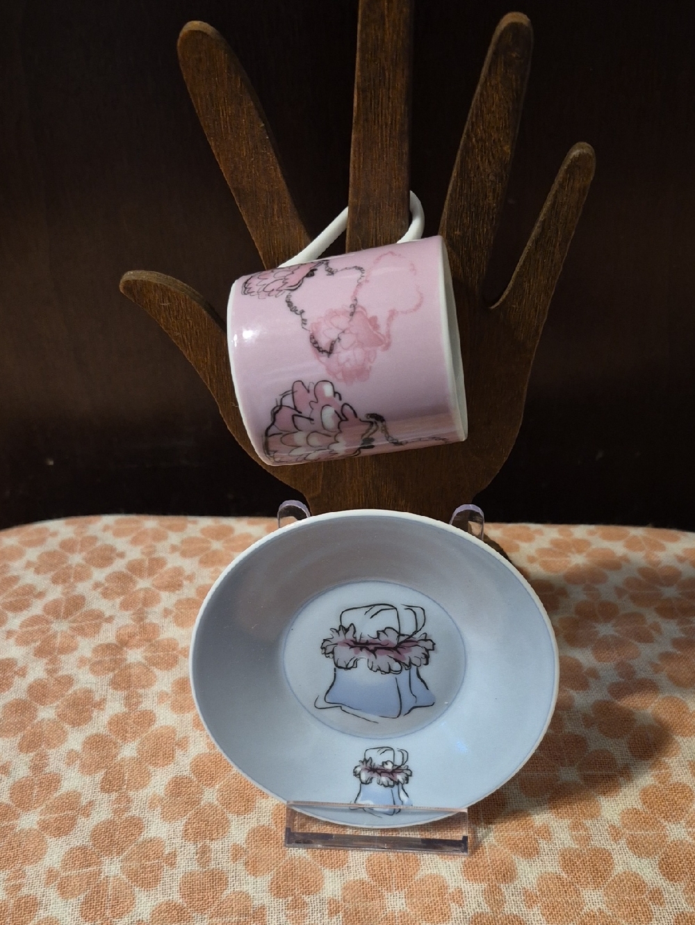Vintage Ceramic Demitasse Cup & Saucer Set ☕ British 🇬🇧 Transferware pink/blue